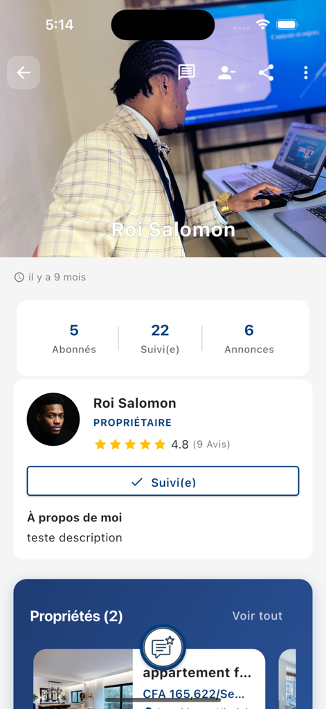 AppartMart - AppartMart app user profile screen showing a property owner with ratings followers and active listings