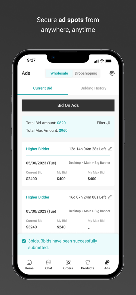 FASHIONGO Vendor Admin - FASHIONGO Vendor Admin app interface showing the ad bidding screen for wholesale fashion vendors.