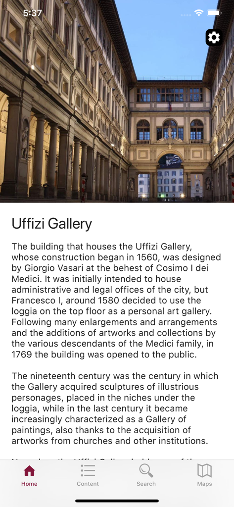 Startbildschirm der Uffizien-App mit Architekturansicht und historischem Hintergrund des Museums