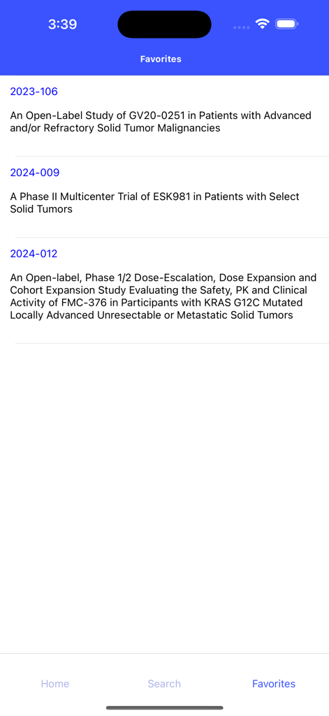 A list of bookmarked clinical cancer trials displayed on the Favorites screen of the KCI Trials app