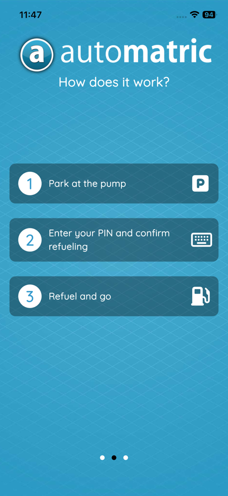 automatric - Pantalla tutorial de la aplicación Automatric titulada ¿Cómo funciona? que describe un proceso de tres pasos: aparcar en la bomba, introducir el PIN para confirmar el repostaje y repostar y marchar.