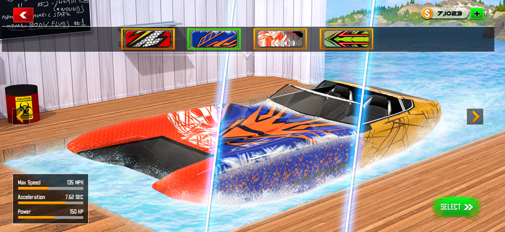Boat Racing Driving Game 3d - A 3D speedboat customization screen in a racing game showing different boat skins and performance stats