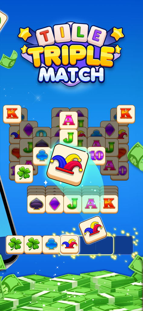 Tile Match 3 - Win Real Cash - Tile Triple Match mobile game screen featuring mahjong tiles with card symbols and piles of real cash rewards