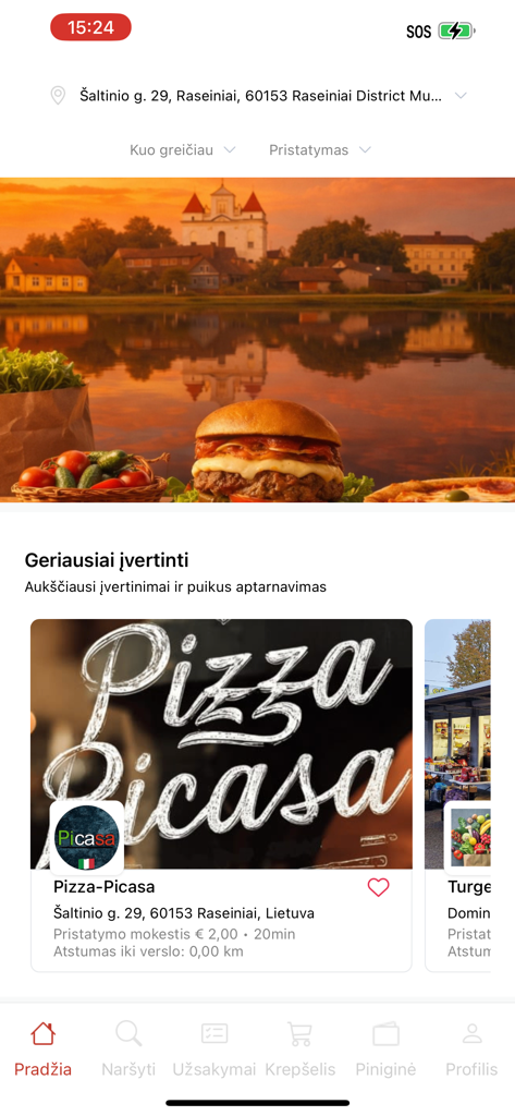 Pantalla de inicio de la aplicación NORI Delivery que muestra los restaurantes locales mejor valorados y opciones de entrega de comida.