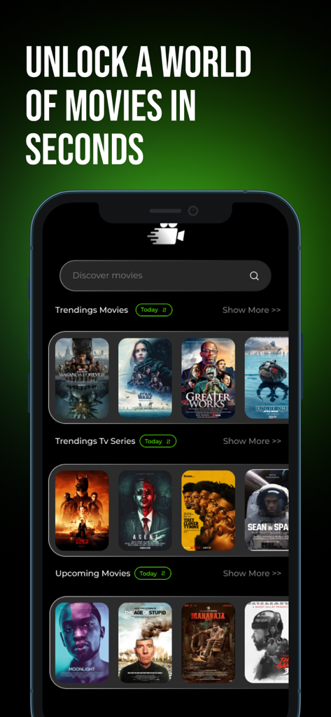 WATCHED - Movies & Stream IPTV - Capture d'écran de l'application WATCHED affichant les films et séries tendance sur une interface sombre.