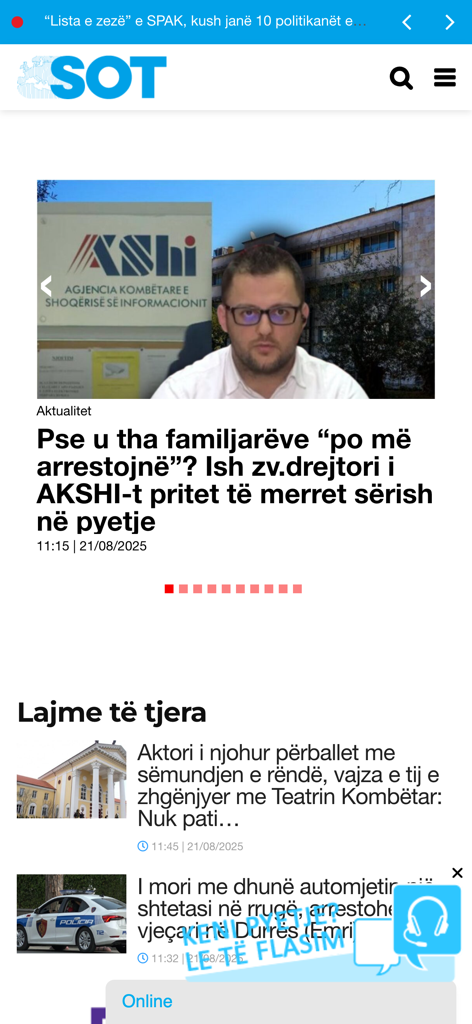 SOT News - SOT News mobile app interface featuring current news headlines and articles in Albanian