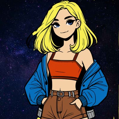 a realistic girl with a crop top and short shorts in an open jacket