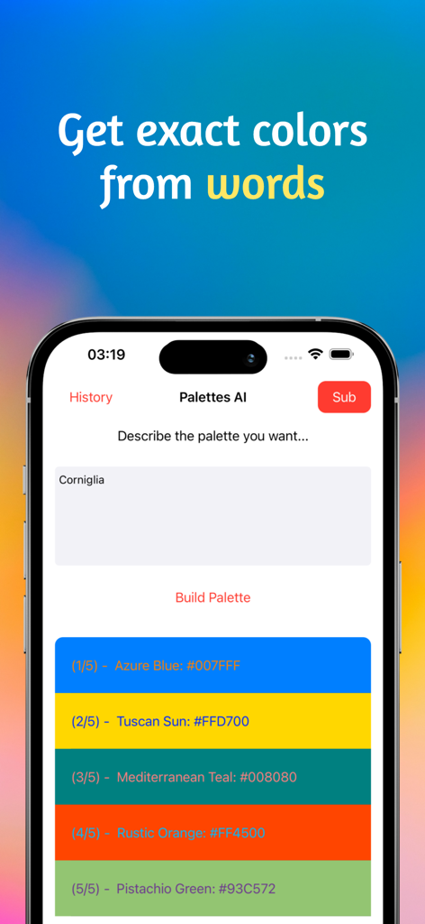 スマートフォン画面に、単語 Corniglia から生成された 5 色のカラー パレットを持つ Color Palette Generator AI アプリが表示されています