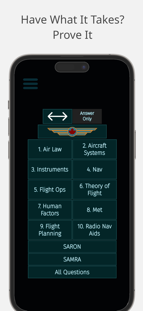 ATPL Practice Canada app home screen showing study categories including Air Law and Navigation