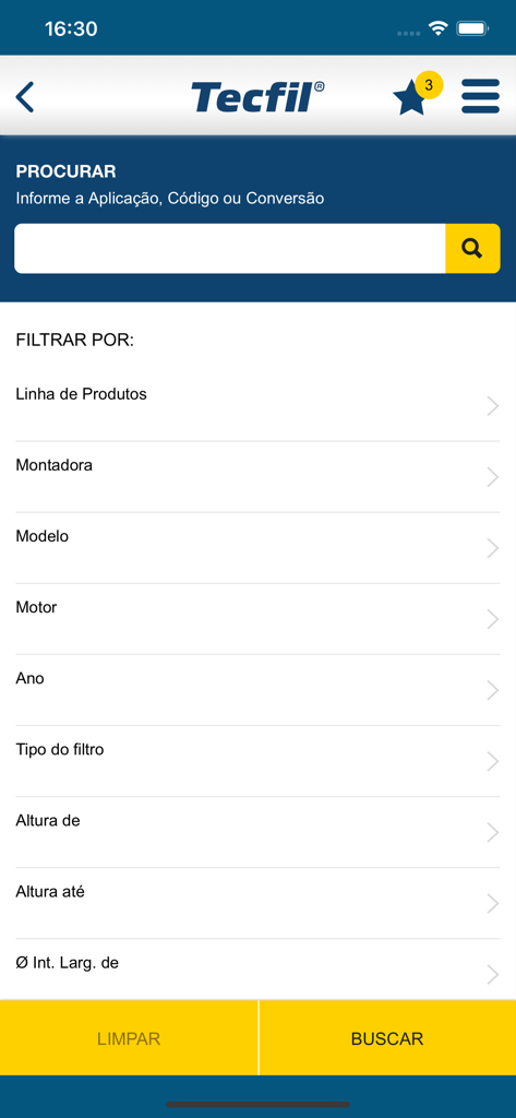 Filtros Tecfil自動車アプリの検索およびフィルター画面。モデルとエンジンで車両フィルターを検索します。