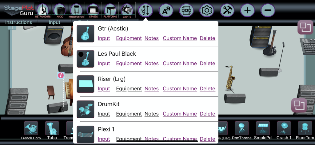 StagePlot Guru - StagePlot Guru app interface showing a stage layout with an open list of instruments and equipment