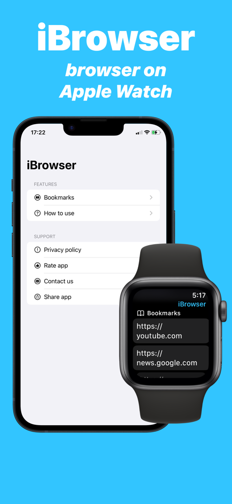 Watch Browser - iBrowser - iBrowser app interface showing synced bookmarks between an iPhone and an Apple Watch