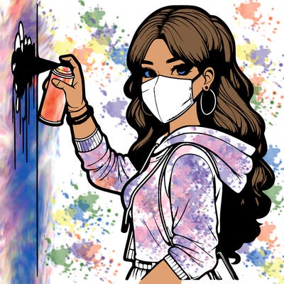 realistic girl with mask spray painting a wall