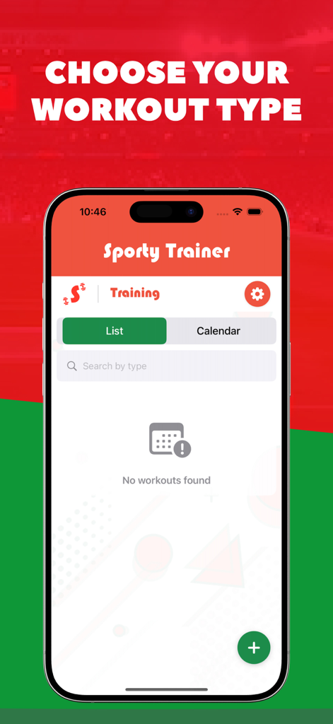 Sporty Trainer - Sporty Trainer app interface displaying an empty workout list screen with a search bar and a green plus button