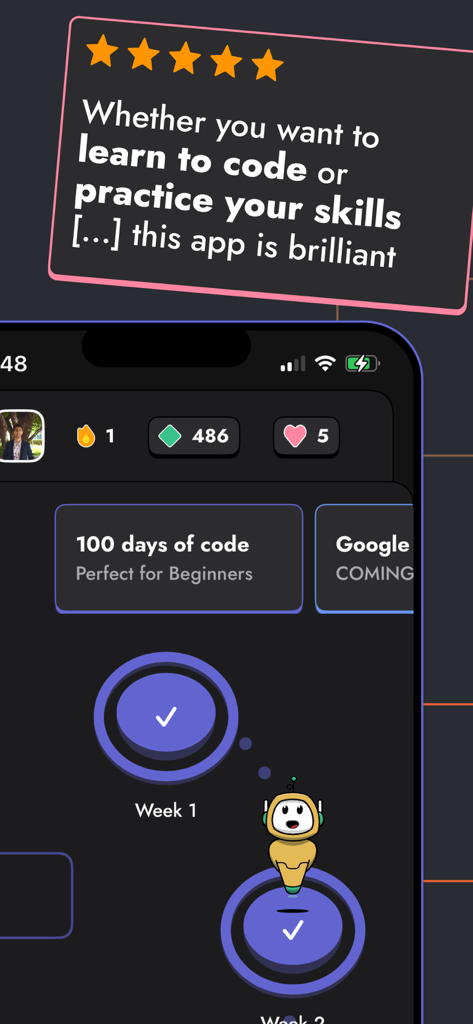 Learn & Code: CodenQuest - CodenQuest mobile app interface showing a 5-star user review and a gamified 100 days of code learning path with progress checkmarks and a robot mascot