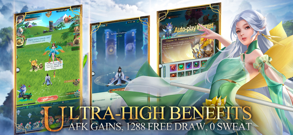 Fantastic Beasts: Wild Legend - Banner promocional para Fantastic Beasts Wild Legend com maquetes de UI do jogo e um personagem alado em estilo anime destacando 1288 sorteios gratuitos.