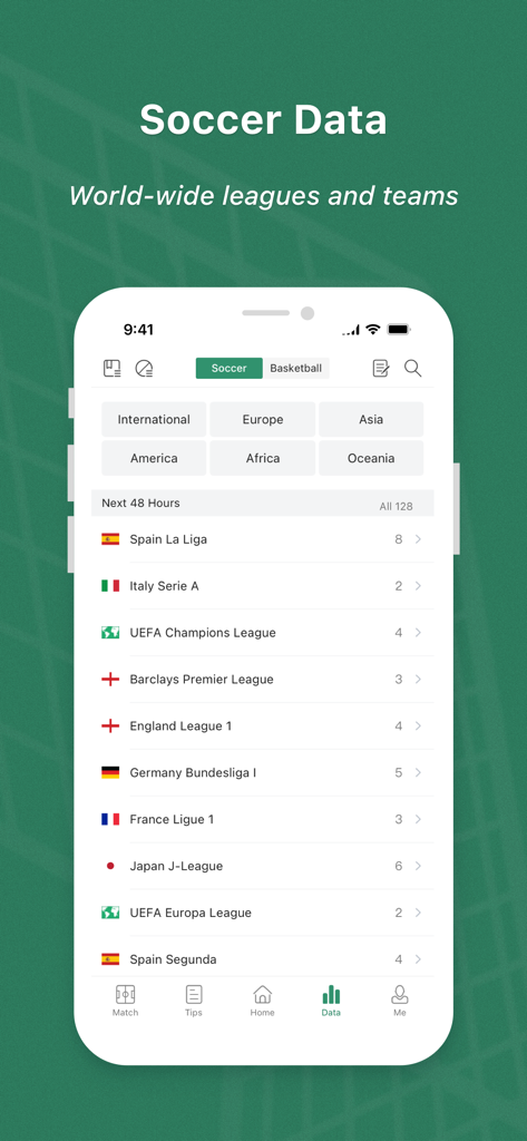 Scoremer app interface showing a list of worldwide soccer leagues and data