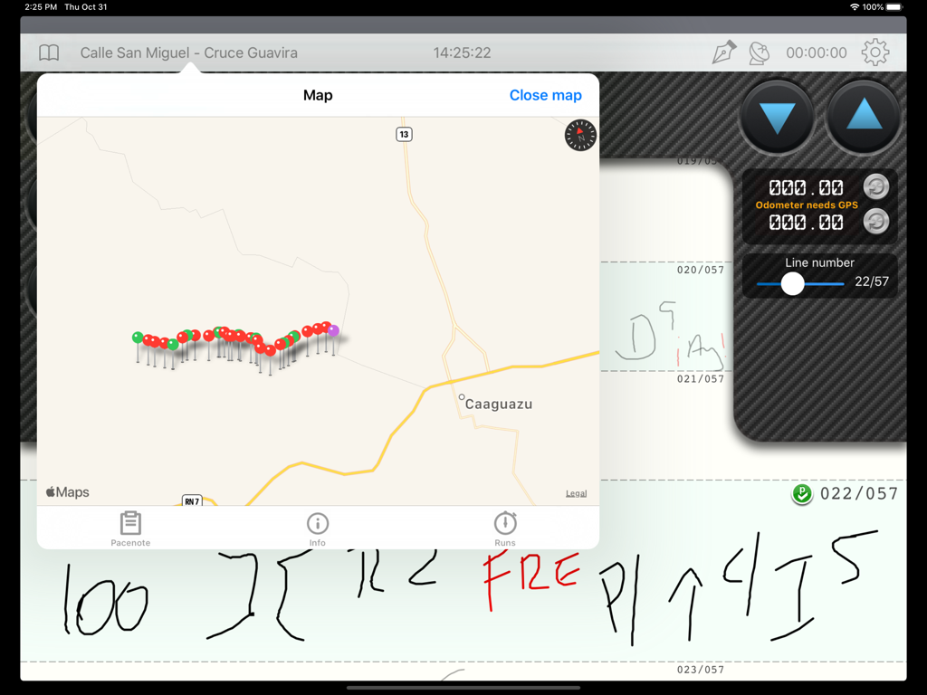 iNotebook pro by iCodriver - iPad interface of iNotebook pro showing a rally map with GPS tracking pins and handwritten pace notes for co-drivers