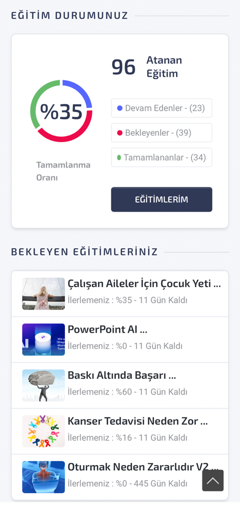 Mobil Akademi v3 - A mobile app dashboard showing corporate training completion status and a list of pending courses.