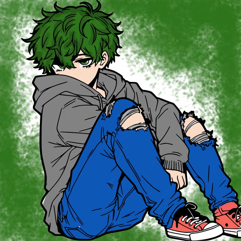 a male hoddie ripped jeans messy hair anime