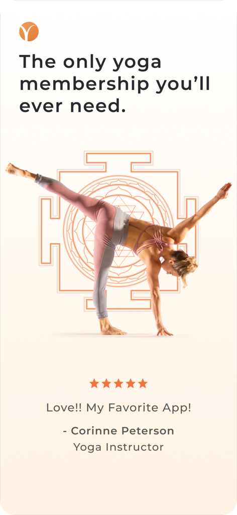 Yoga International - Yoga International app screenshot showing a 5 star review from a yoga instructor with a woman performing a balancing yoga pose.