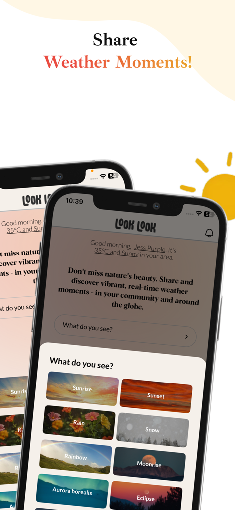 Look Look App - Look Look App screen showing categories for sharing weather moments like sunrise and aurora borealis
