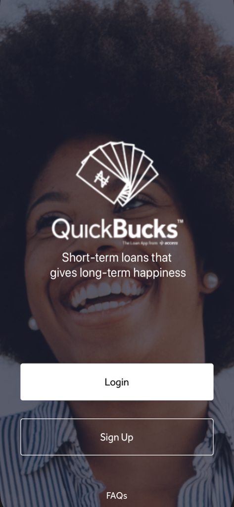 Pantalla de bienvenida de la aplicación de préstamos QuickBucks con botones de inicio de sesión y registro