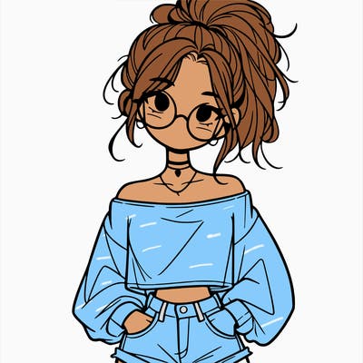 girl with a messy ponytail glasses a baggy crop top and jean shorts