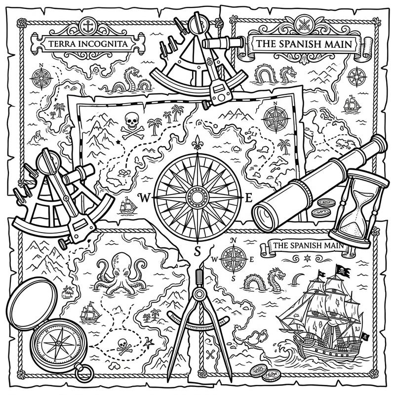 Unfurl an ancient scroll and get ready for a swashbuckling artistic voyage with this detailed pirate treasure map coloring page. Explore uncharted waters and legendary lands filled with nautical wonders, perfect for adventurers of all ages.