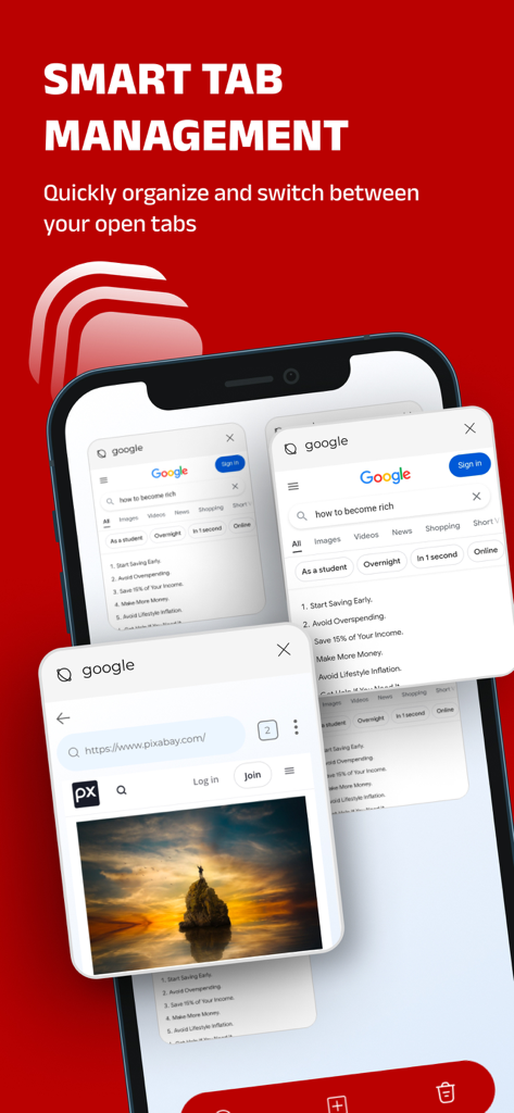 Fonctionnalité de gestion intelligente des onglets de Streameast Browser pour organiser et basculer entre les pages Web ouvertes