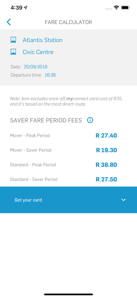 MyCiTi app fare calculator showing bus ticket costs between Atlantis Station and Civic Centre in Cape Town