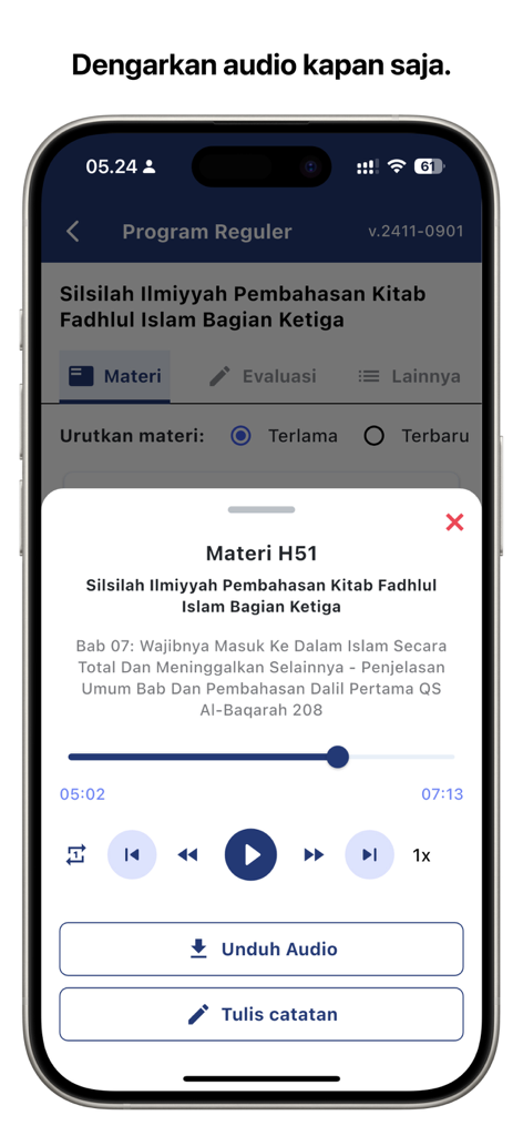 Edu HSI - Edu HSI app interface displaying an Islamic audio lesson with play controls, download option, and note-taking feature.