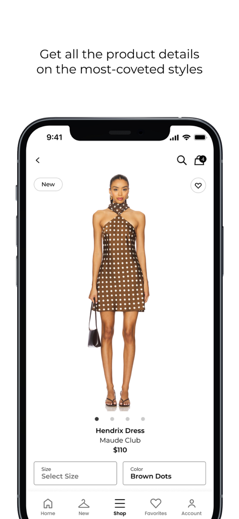 A screenshot of the REVOLVE app showing the product details for a brown polka dot dress