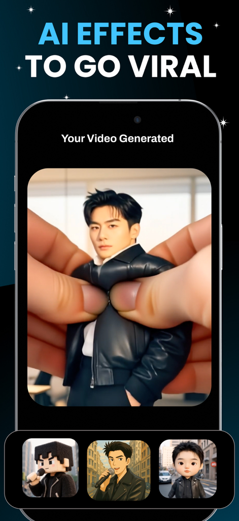 AI Video Maker · Generator - A smartphone interface showing viral AI video effects and multiple animation styles for photo-to-video generation.
