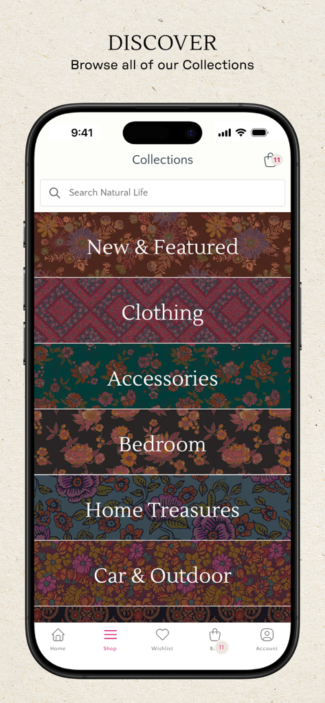 Écran des collections dans l'application Natural Life avec des motifs floraux vibrants pour les vêtements et la décoration intérieure