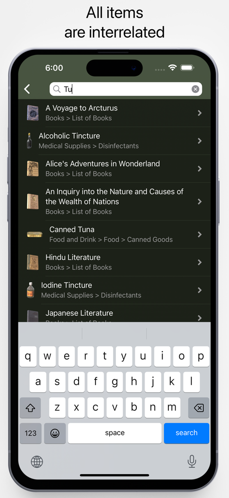 Pocket Wiki for DayZ - A search interface within the Pocket Wiki for DayZ app displaying a list of interrelated survival items and books on an iPhone screen
