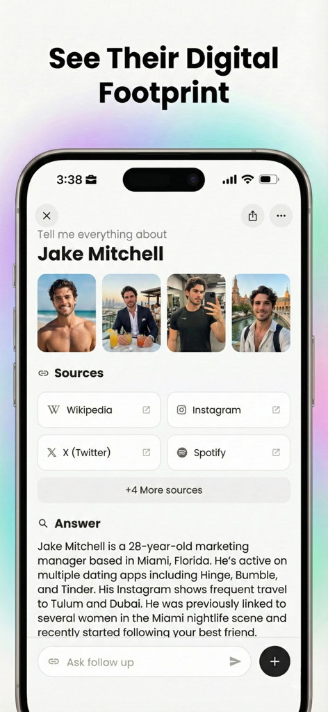 DeepSearch – AI People Search - A mobile screen showing an AI-generated digital footprint report for a person with photos social media links and a biography summary