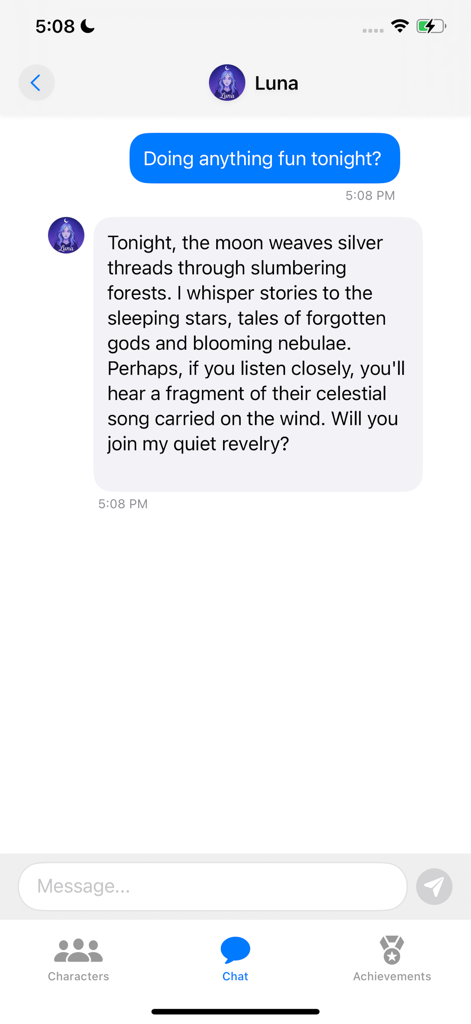A chat interface within the SoulTalk AI app showing a poetic conversation with a virtual companion named Luna
