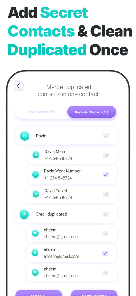 App Lock, Hide Passwords Apps - 秘密の連絡先を追加し、重複エントリをマージする機能を示すApp Lockアプリのインターフェイス。