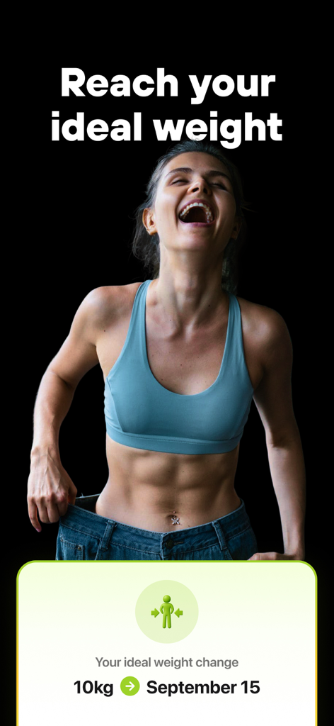 AI Calorie Tracker: SimpliFit - Una mujer en forma riendo mientras usa pantalones vaqueros holgados que muestran resultados de pérdida de peso con el objetivo de un cambio de peso de 10 kg para el 15 de septiembre.