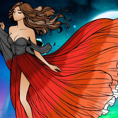 realistic woman in dress flowing the the wind