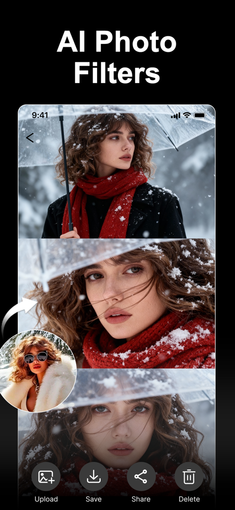 Vidmor-AI Video Generator - Interfaz de la aplicación Vidmor que muestra filtros de fotos de IA y efectos de transferencia de estilo en el retrato de una mujer en un paisaje nevado