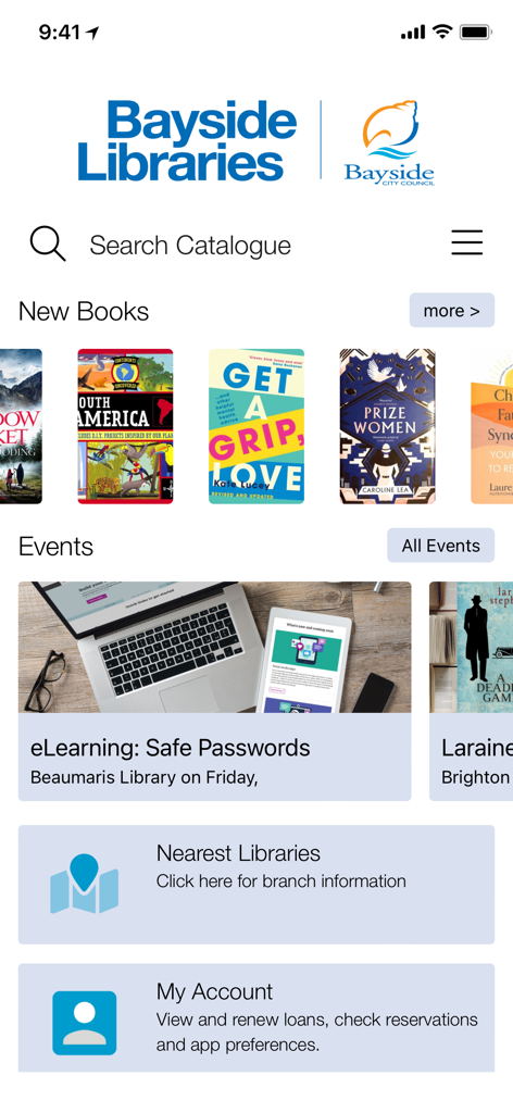 Bayside Libraries - Pantalla de inicio de la aplicación Bayside Libraries que muestra opciones de búsqueda de catálogo, libros nuevos y gestión de cuentas de biblioteca