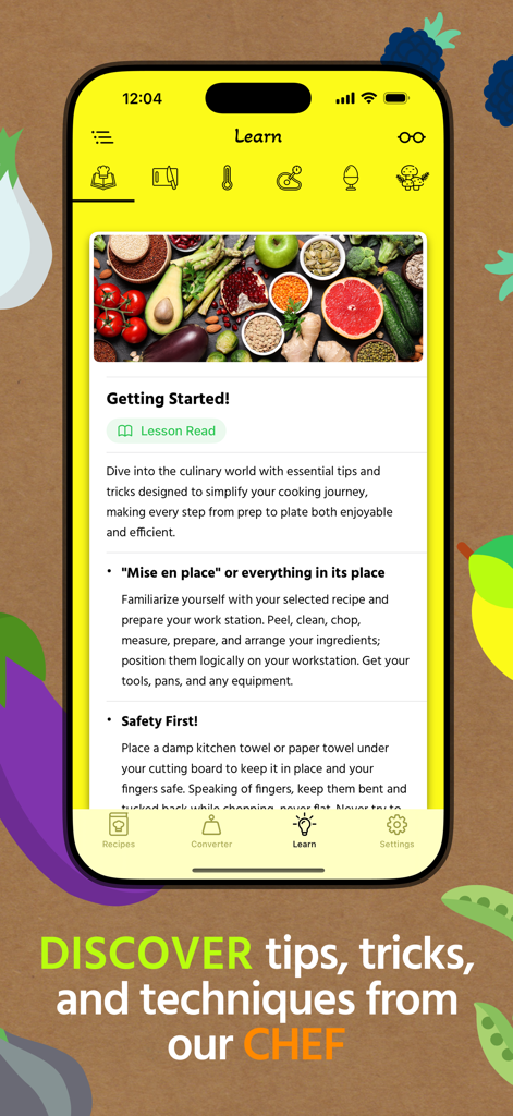 Pantalla Aprender de la aplicación Recipe Resizer con consejos de cocina y lecciones culinarias de un chef