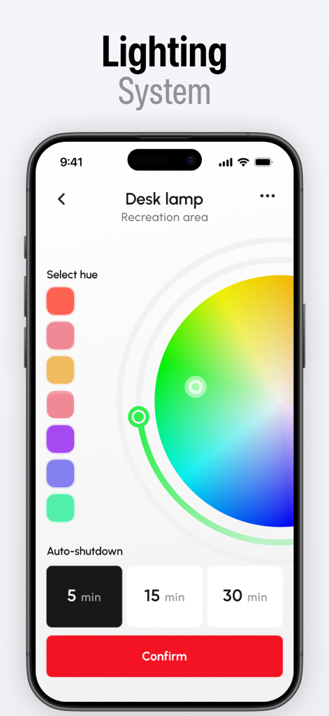 Smart Home: Remote Control App - Pantalla de la aplicación Hogar Inteligente para controlar los colores de la luz de una lámpara de escritorio y temporizador de apagado automático