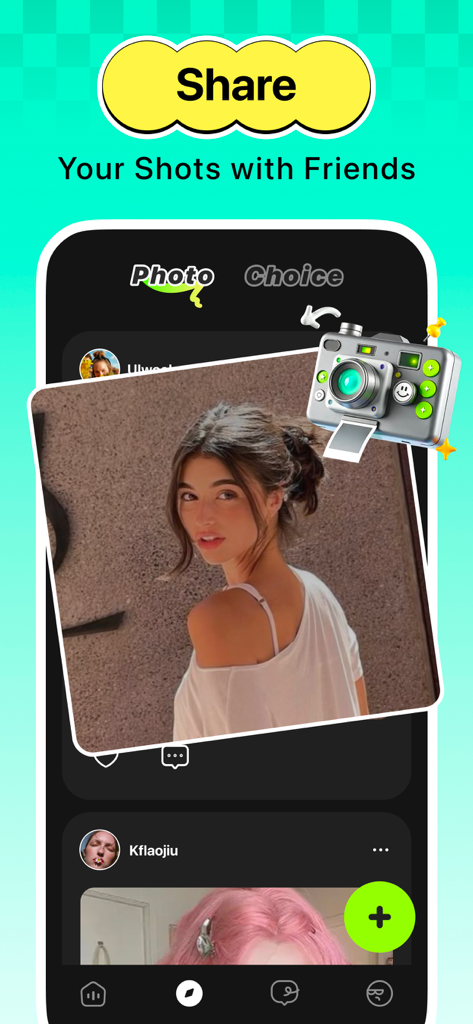 Candid - Capture the Moment - Candid App-Oberfläche, die einen sozialen Foto-Feed mit der Überschrift 'Teile deine Aufnahmen mit Freunden' zeigt