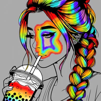 realistic girl drinking boba tea with braided hair