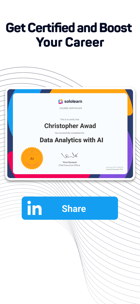 Um certificado de curso digital para Análise de Dados com IA com um botão de compartilhamento no LinkedIn para crescimento na carreira.
