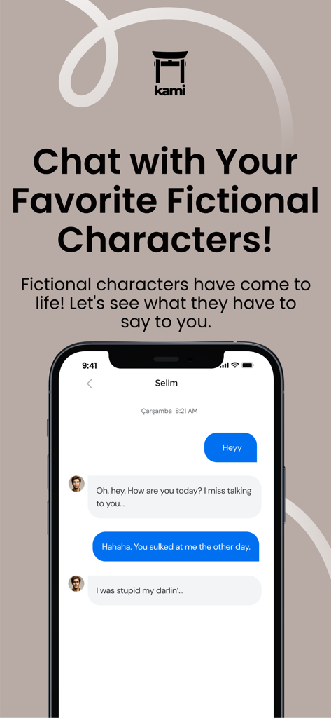 Smartphone screen showing a text conversation with a fictional character in the Kami app