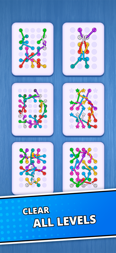 Rope Puzzle: Twisted Master - Una colección de rejillas de puzzles de cuerdas enredadas de colores que muestran diferentes niveles para resolver.